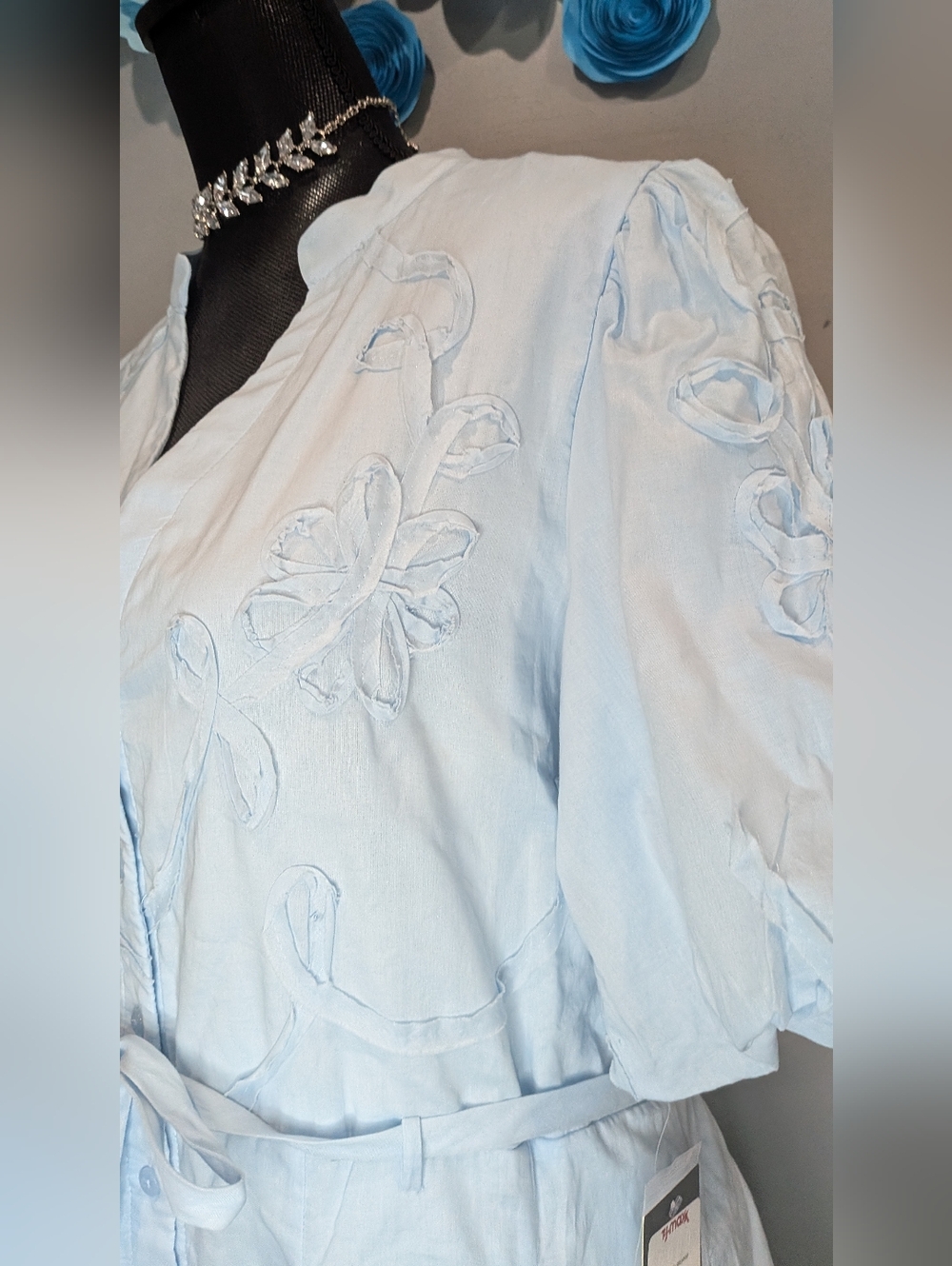Light Blue Embroidered Puff-Sleeve Dress with Waist Tie - Picture 5 of 7